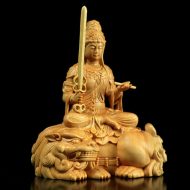11cm  Natural Hand Carved Wood Manjushri Buddha Statue Buddhist Decoration