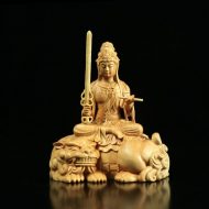 11cm  Natural Hand Carved Wood Manjushri Buddha Statue Buddhist Decoration - Image 2