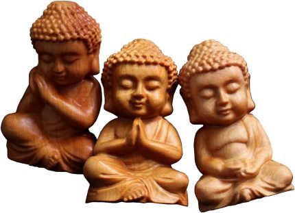 3 Pcs Hand Carved Natural Wood Buddha Statue Religious Buddhist Sitting Practice Meditation Buddha Palm Size Sculpture Figurines
