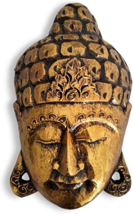 Golden Serenity Wooden Buddha Mask – Hand-Carved in Exotic , Perfect Housewarming Gift, Tropical, Modern, Elegant, Adds a Calming Tranquility to Your Living Room, Hallway, Office or Shop