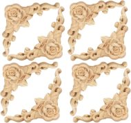 Wood Carved Appliques Onlays, 8Pcs Rose Corner Decals Unpainted Wooden Rosette Carvings for Door Cabinet Mantels Mirror Dresser Wall Ceiling Bed Furniture Upgrade Decoration, 15x15cm/5.9x5.9in - Image 2