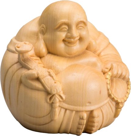 Original God Hotei Buddha Wooden Figurine Good Luck Charm Smiling Home Decor Palm-Size Natural Wood Caving Craft Office Living Kitchen feng Shui Decor 2 × 2 × 2 inches