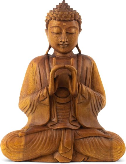 Wooden Serene Sitting Buddha Statue Handmade Meditating Sculpture Figurine Decorative Home Decor Accent Handcrafted Gift Art Wood Hand Carved Oriental Buddha Uttarabodhi Mudra (12" Tall)