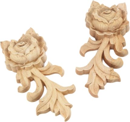 Rose Wood Carved Appliques Onlay, 2-Pack Unpainted Wooden Mini Decals for Cupboard Cabinet Wall Dresser Bed Mirror Mantels Fireplace Wardrobe Decor(15x6.5cm/5.91x2.56in)