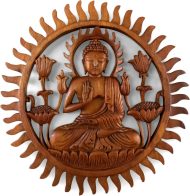 12" Wooden Hand Carved Wall Hanging Serene Buddha Meditation Sculpture Statue Handmade Figurine Relief Gift Home Decor Handcrafted Decoration Round Buddha Plaque