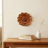 8" Wooden Hand Carved Wall Art Relief Panel Handcrafted Wall Plaque Gift Decorative Home Decor Accent Handmade Wood Decoration Rustic Artwork Floral (Lotus Flower) - Image 2