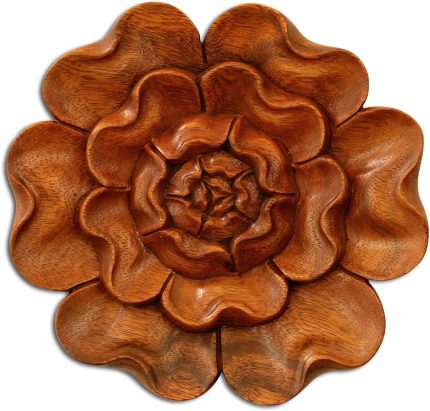 8" Wooden Hand Carved Wall Art Relief Panel Handcrafted Wall Plaque Gift Decorative Home Decor Accent Handmade Wood Decoration Rustic Artwork Floral (Lotus Flower)