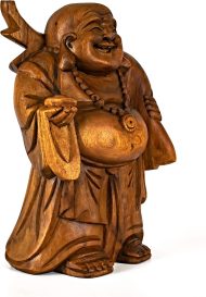 12" Wooden Traveling Happy Buddha Statue Hand Carved Smiling Sculpture Handmade Figurine Decorative Home Decor Wood Accent Handcrafted Art Decoration Happy Buddha Traveling (12" Tall) - Image 2