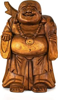 12" Wooden Traveling Happy Buddha Statue Hand Carved Smiling Sculpture Handmade Figurine Decorative Home Decor Wood Accent Handcrafted Art Decoration Happy Buddha Traveling (12" Tall)