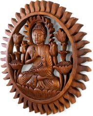12" Wooden Hand Carved Wall Hanging Serene Buddha Meditation Sculpture Statue Handmade Figurine Relief Gift Home Decor Handcrafted Decoration Round Buddha Plaque - Image 2