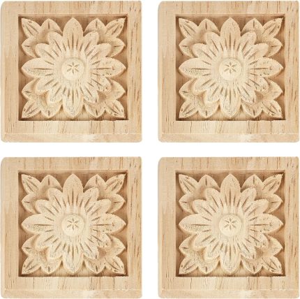 4Pcs Unpainted Solid Wood Floral Appliques, 2.4x2.4 Inch Cabinet Onlays, Handmade Carved Wood Decor for Furniture, Doors, DIY Home Decor Projects (Square, Unfinished)