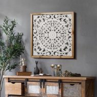 Carved Wood Wall Sculpture, Intricate Floral Mandala Design with Distressed White Finish, Vintage Farmhouse Wall Art Panel with Solid Wood Frame for Bedroom Entryway (22.5" x 22.5")